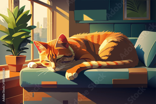 Close up of ginger cat sleeping on sofa against wall at home, cozy and quiet moments of pet, soft light.