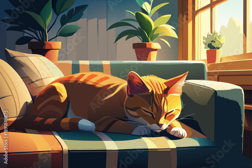Close up of ginger cat sleeping on sofa against wall at home, cozy and quiet moments of pet, soft light.