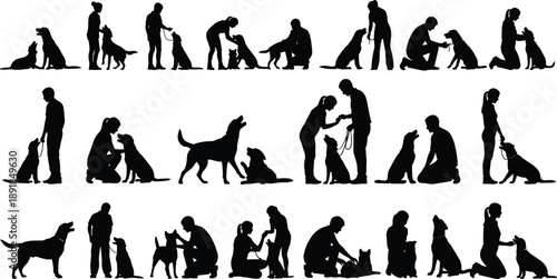 Set of silhouettes of people with dogs, owners training and petting pets, vector illustration of human and animal friendship - flavector