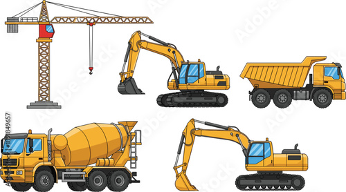 Set of yellow heavy construction machinery vector illustrations including excavator tower crane dump truck and concrete mixer isolated on white background design.