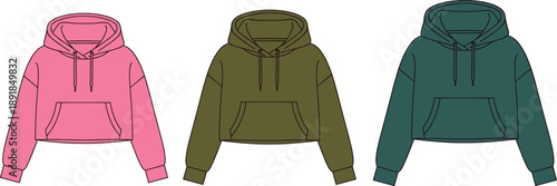 Side-by-side illustration of cropped hoodies in pink, olive green, and teal for fashion design, retail catalog, and color comparison reference.