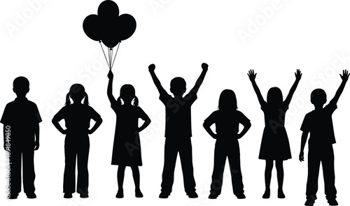 Silhouette group of happy children standing together, diverse boys and girls holding 