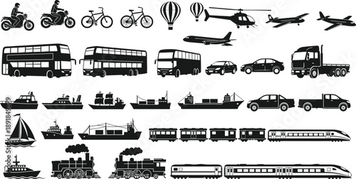 Silhouette icons of global transportation modes including land, air, and water vehicles—motorcycles, trains, ships, airplanes, buses, and more for infographic and design use - flavector