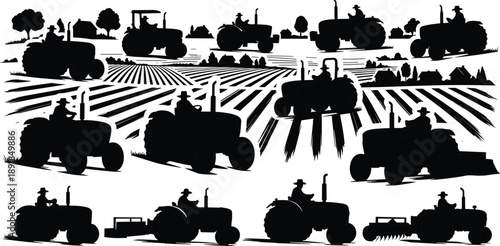Silhouette illustrations of tractors working in fields with farmers, crops, and rural scenery—ideal for agriculture, farming, and countryside design projects - flavector