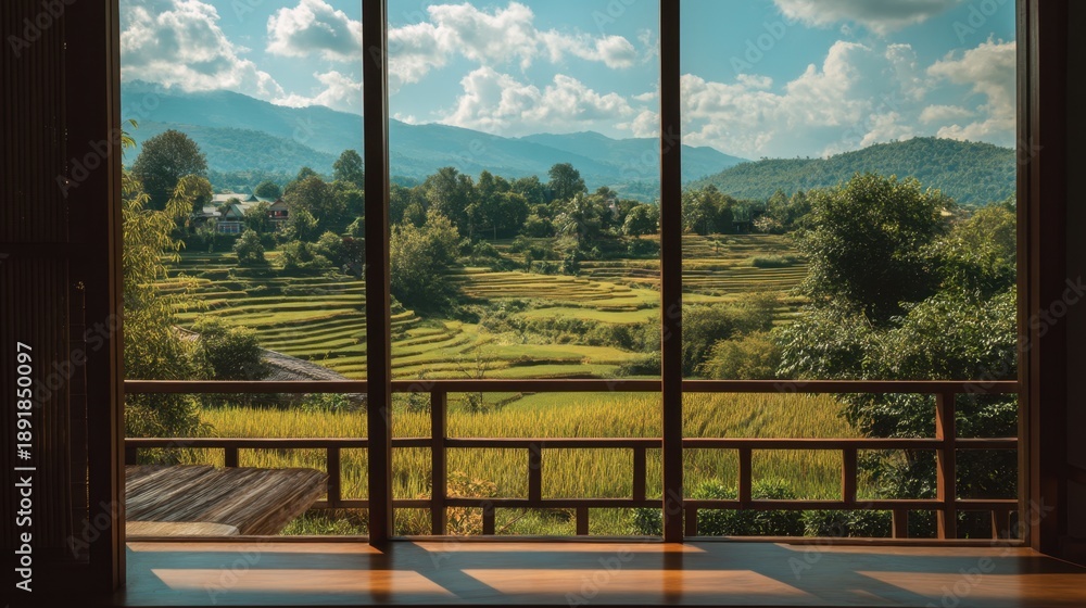 Naklejka premium Scenic view of lush green rice fields through traditional window.