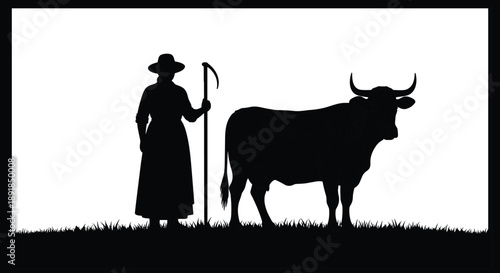 Silhouette, bull, herder, pastoral, traditional, livestock, countryside, agriculture, rural, animal, horned, staff, robe, grass, standing, black, white, contrast, framed, illustration - flavector