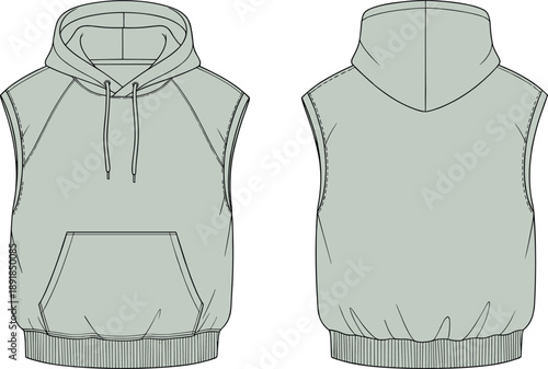 Sleeveless hoodie front and back flat sketch, drawstring hood kangaroo pocket ribbed hem detail, cad drawing flat vector illustration fashion template