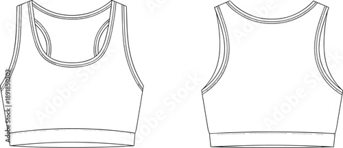 Sports bra front and back flat sketch, scoop neckline racerback wide strap fitted hem detail, cad drawing flat vector illustration activewear fashion template
