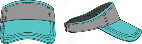 Sports visor front and side flat sketch, adjustable strap color-block brim stitching detail, cad drawing flat vector illustration fashion accessory template