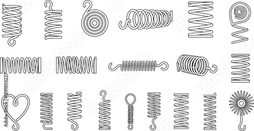 Spring vector collection, mechanical coil shapes, wire tension forms, decorative metal springs, engineering components, technical illustration, stylized designs - flavector