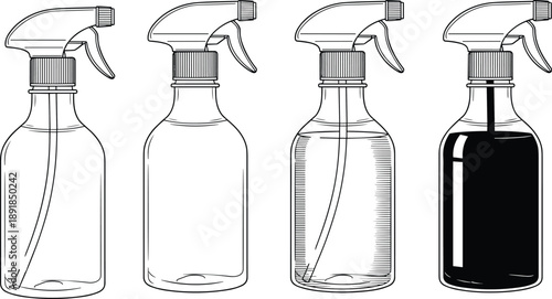 Spray, bottle, silhouette, outline, transparent, liquid, nozzle, trigger, measurement, cleaning, setup, container, vector, black, pose, flavector, minimal, refill, hygiene, tool