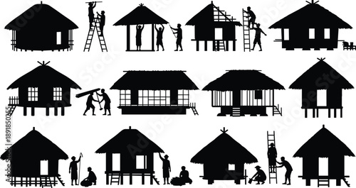 Stilt, house, construction, silhouette, posture, gesture, ladder, roof, wall, carry, build, inhabit, rural, traditional, community, architecture, setup, vector, black, pose, flavector