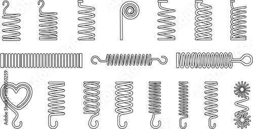 Spring vector set, mechanical coil designs, tension and compression shapes, decorative 