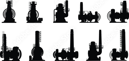 Steam, engine, silhouette, posture, gesture, flywheel, chimney, ladder, cylinder, machinery, structure, setup, industrial, mechanical, vintage, vector, black, pose, flavector, turbine