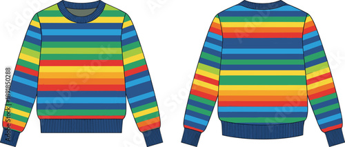 Striped sweater front and back flat sketch, multicolor horizontal stripe ribbed neckline cuff hem detail, cad drawing flat vector illustration fashion template