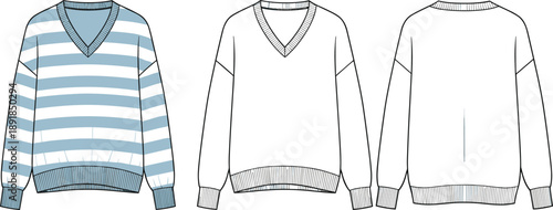 Striped V-neck sweater illustration, front and back view, fashion sketch, ribbed cuffs and hem, technical drawing, garment design, flat vector, flavector