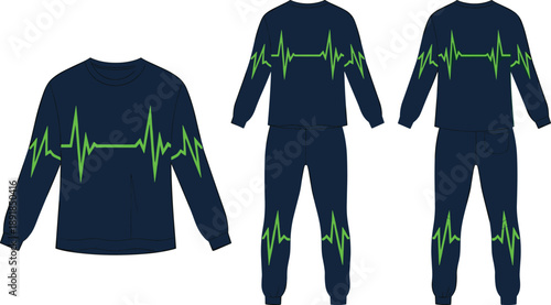 Sweatshirt, sweatpants, EKG, heartbeat, dark blue, green, fashion, sketch, 