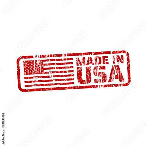 Made in USA grunge red rubber stamp with American flag. Vector icon