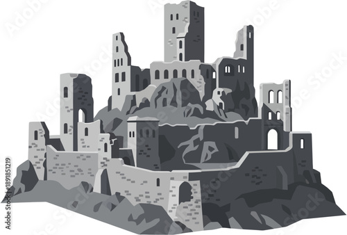 German Ruined Hilltop Castle Vector Illustration, Medieval Fortress Ruins on Mountain Ridge, Historic European Stronghold Architecture, Ancient Gothic Castle Landmark, Detailed Flat Vector Design