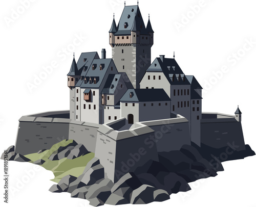 German Island Fortress Castle Vector Illustration, Medieval Stronghold on Rhine River Island, Historic European Defensive Architecture, Gothic Citadel Landmark, Detailed Flat Vector Design