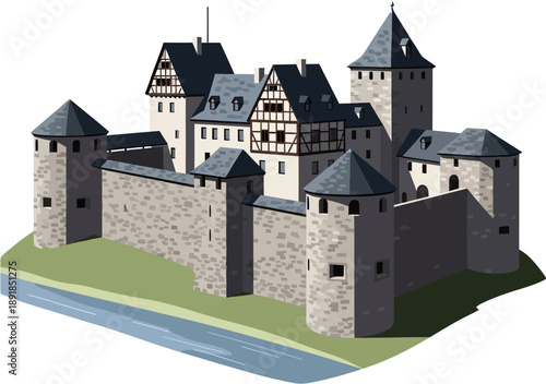 German Twin Castle Complex Vector Illustration, Medieval Stone Fortress Ensemble, Historic European Defensive Architecture, Gothic Stronghold Landmark, Detailed Flat Vector Design