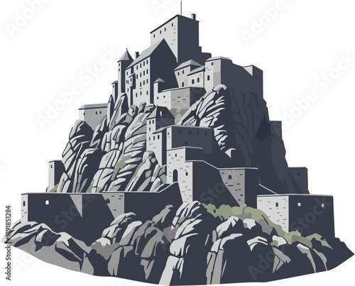 German Rock Fortress Castle Vector Illustration, Medieval Stronghold on Rocky Mountain, Historic European Defensive Architecture, Gothic Citadel Landmark, Detailed Flat Vector Design
