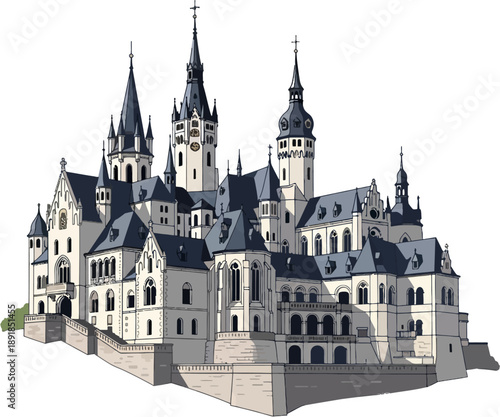 Schloss Drachenburg Neo Gothic Castle Vector Illustration, Romantic German Palace Architecture, Historic European Royal Residence, Rhine Valley Landmark, Detailed Flat Vector Design
