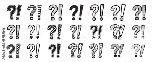 Hand drawn question mark and exclamation mark doodle icons set vector illustration, creative punctuation symbols sketch style doodle collection vector illustration