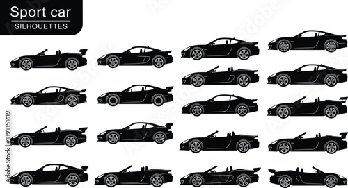 Set of sport car silhouettes featuring various luxury coupe and convertible models with spoilers and sleek aerodynamic profiles for automotive industry and speed vector design,