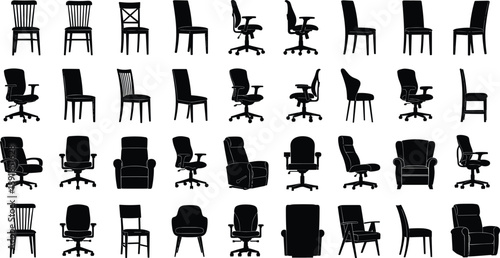 Set of various chair silhouettes including office desk chairs, wooden dining chairs, armchairs, and recliners for interior home decor and furniture catalog vector design