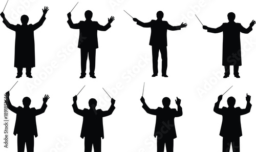 Set of music conductor silhouettes in various orchestral directing poses including holding batons, raising arms, and leading symphony performances for musical theater and concert design,