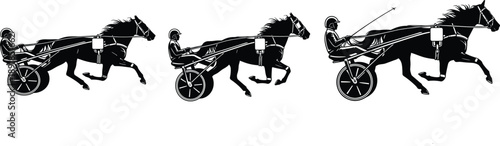 Set of harness racing silhouettes featuring horses pulling sulkies and drivers in various competitive motion stages for equestrian sports and race track vector design,