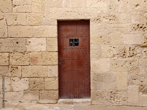 Fotografie Fortified wall featuring aged timber door, Historical castle doorway with iron s