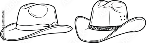 Set of two cowboy hat vector illustrations featuring classic western style fedora and rugged rancher headwear for country fashion and outback apparel design,