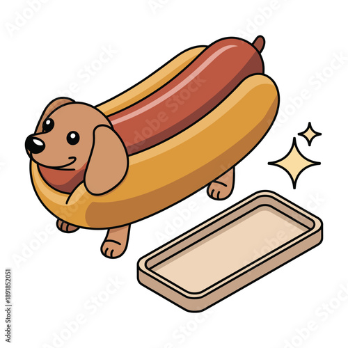 Dachshund hot dog funny dog character dressed as sausage with tray