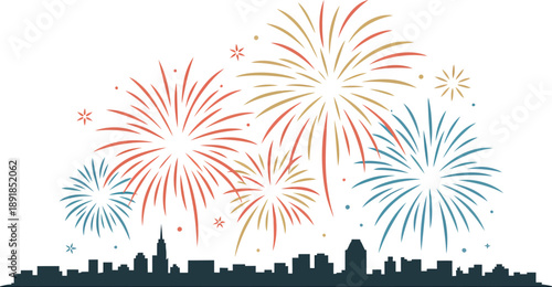 Fireworks clipart colorful celebration lights over city skyline at night