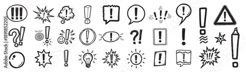 Hand drawn exclamation mark doodle speech bubble icons set, comic chat balloon sketch style vector illustration