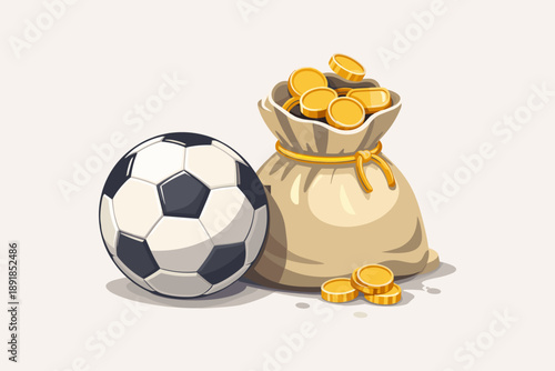 Football Ball and Bag of Gold Coins. Football ball with bag of gold coins. Concept of football finance, prize money, betting, investment and sports economy. Clean modern vector illustration in flat st