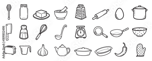 cute kitchen utensils doodle icons set vector illustration, hand drawn kitchen tools doodle collection vector illustration, cute cooking and kitchenware doodle icons set vector illustration