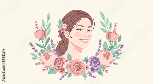 Elegant Woman Portrait Surrounded by Floral Wreath Illustration.