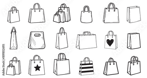 cute shopping bag doodle icons set vector illustration, hand drawn shopping bags doodle collection vector illustration, cute retail and shopping doodle icons set vector illustration