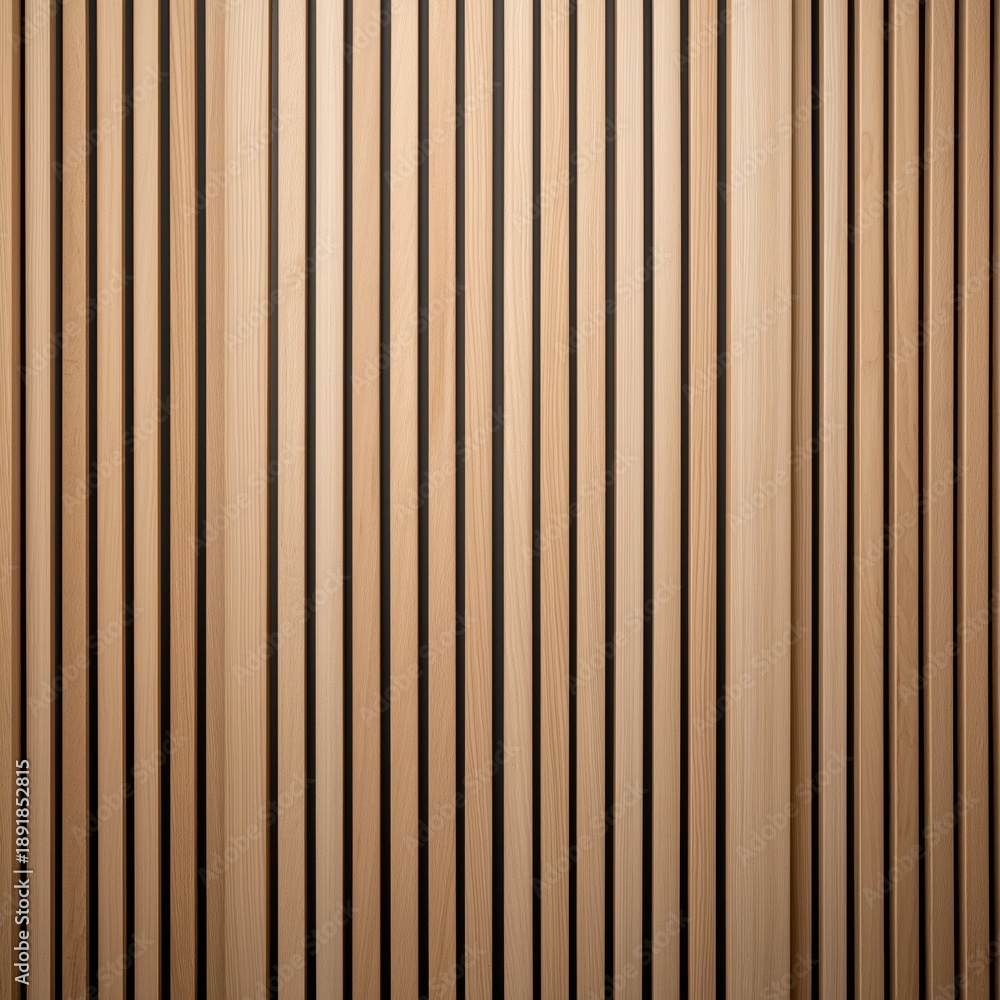 Fototapeta premium Wooden slatted wall acoustic panel background texture. Vertical wooden slats creating a minimalistic decorative and soundproofing wall panel