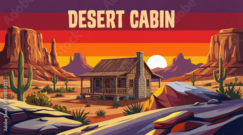 remote cabin standing alone in a dry desert environment with sand and rocky terrain vector cartoon, symbolizing isolation, resilience, and minimalist living