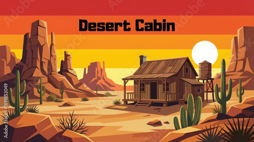 remote cabin standing alone in a dry desert environment with sand and rocky terrain vector cartoon, symbolizing isolation, resilience, and minimalist living