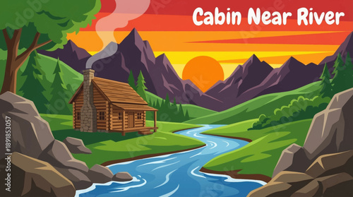 cabin located near a flowing river in a lush green valley, representing fresh nature, sustainable living, and peaceful countryside life