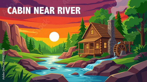 cabin located near a flowing river in a lush green valley, representing fresh nature, sustainable living, and peaceful countryside life