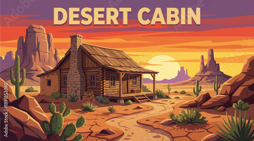 remote cabin standing alone in a dry desert environment with sand and rocky terrain, symbolizing isolation, resilience, and minimalist living