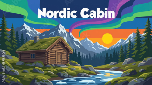 Scandinavian style cabin surrounded by snow-covered land under a dramatic northern sky, perfect for minimal design, winter travel, and modern lifestyle themes