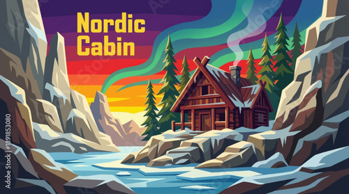 Scandinavian style cabin surrounded by snow-covered land under a dramatic northern sky, perfect for minimal design, winter travel, and modern lifestyle themes