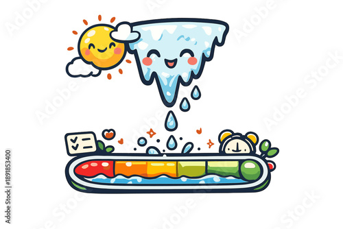 Melting Obligations Icon. Doodle-style vector icon of melting obligations, a smiling icicle under a warm sun slowly dripping